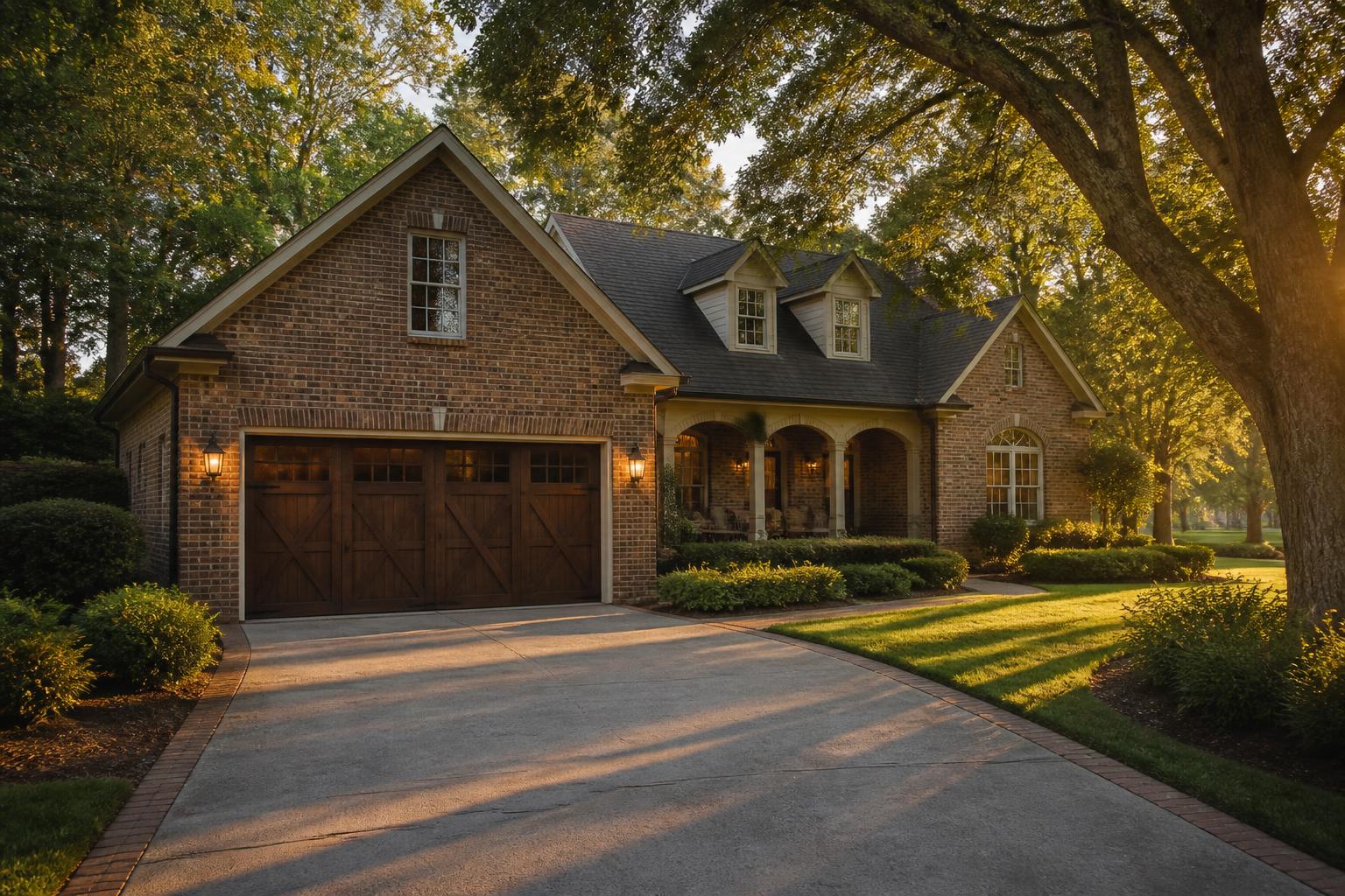 Upstate South Carolina brick home with a stained-wood carriage-style garage door at golden hour